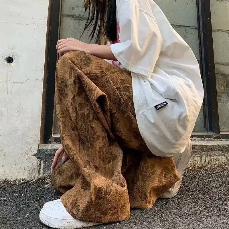 Aidase American Men and Women Trendy and Personalized Straight Tube Spring/summer Thin Print Loose Couple Retro Wide Leg Casual Pants