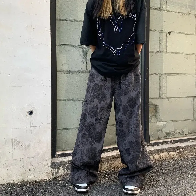 Aidase American Men and Women Trendy and Personalized Straight Tube Spring/summer Thin Print Loose Couple Retro Wide Leg Casual Pants