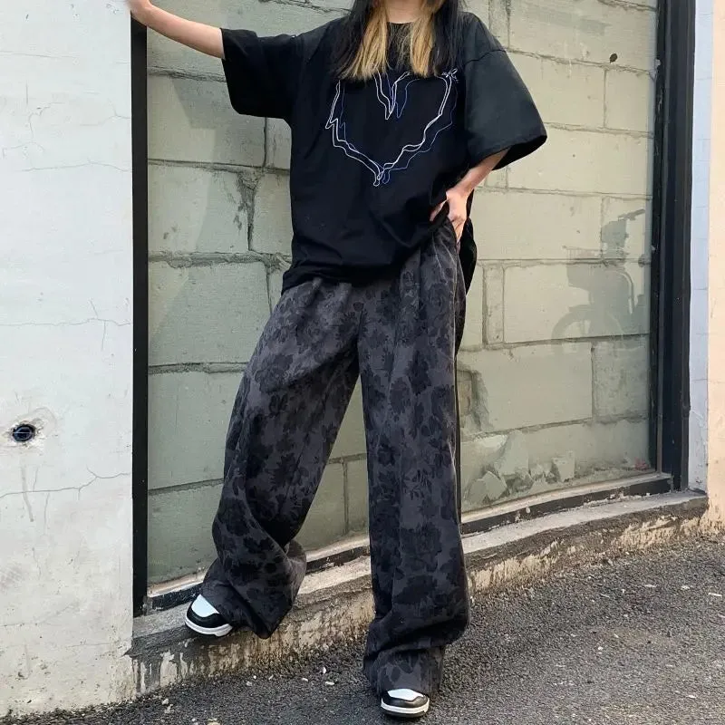 Aidase American Men and Women Trendy and Personalized Straight Tube Spring/summer Thin Print Loose Couple Retro Wide Leg Casual Pants