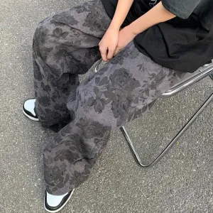 Aidase American Men and Women Trendy and Personalized Straight Tube Spring/summer Thin Print Loose Couple Retro Wide Leg Casual Pants