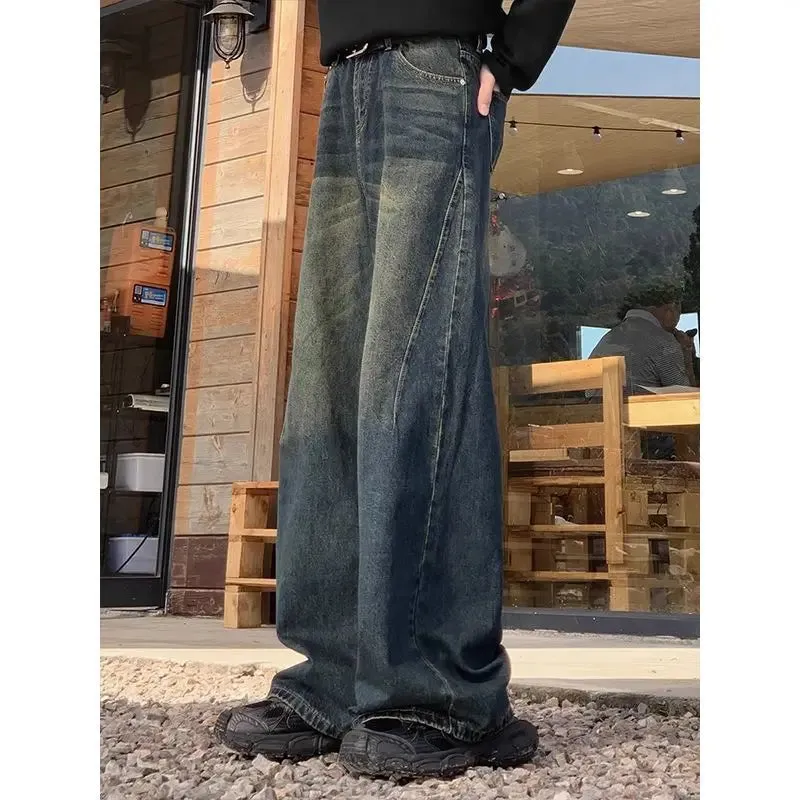 Aidase American Street Retro Washed Jeans Men and Women Trendy Hip-hop Straight Leg Loose and Personalized Wide Leg Casual Pants Y2k