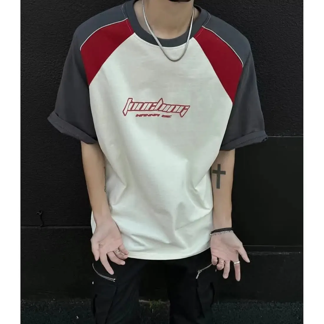 Aidase Summer New High Street Trendy Splicing Round Neck Short Sleeve Men and Women Retro Letter Printed Loose Casual T-shirt Top y2k