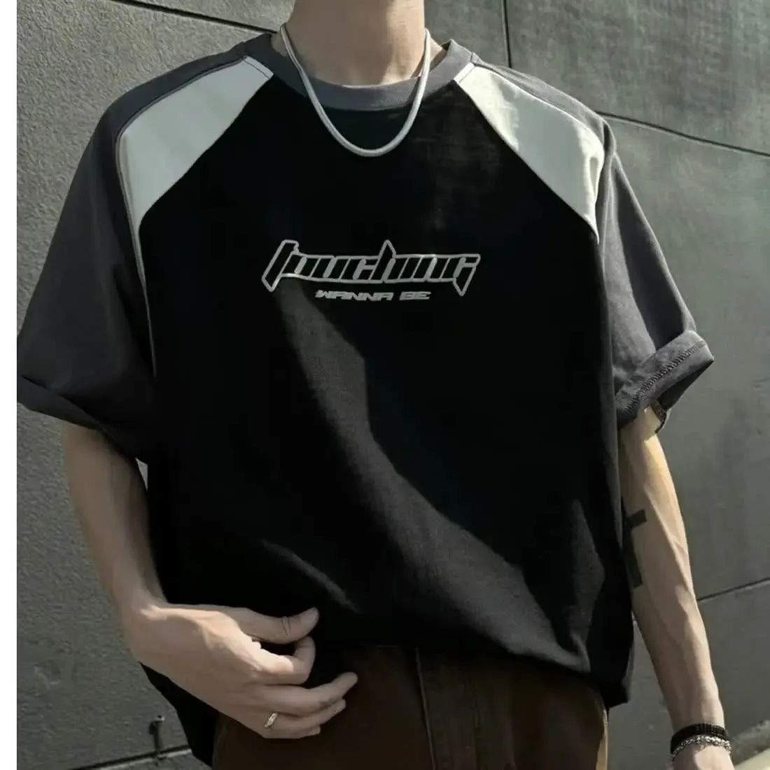 Aidase Summer New High Street Trendy Splicing Round Neck Short Sleeve Men and Women Retro Letter Printed Loose Casual T-shirt Top y2k