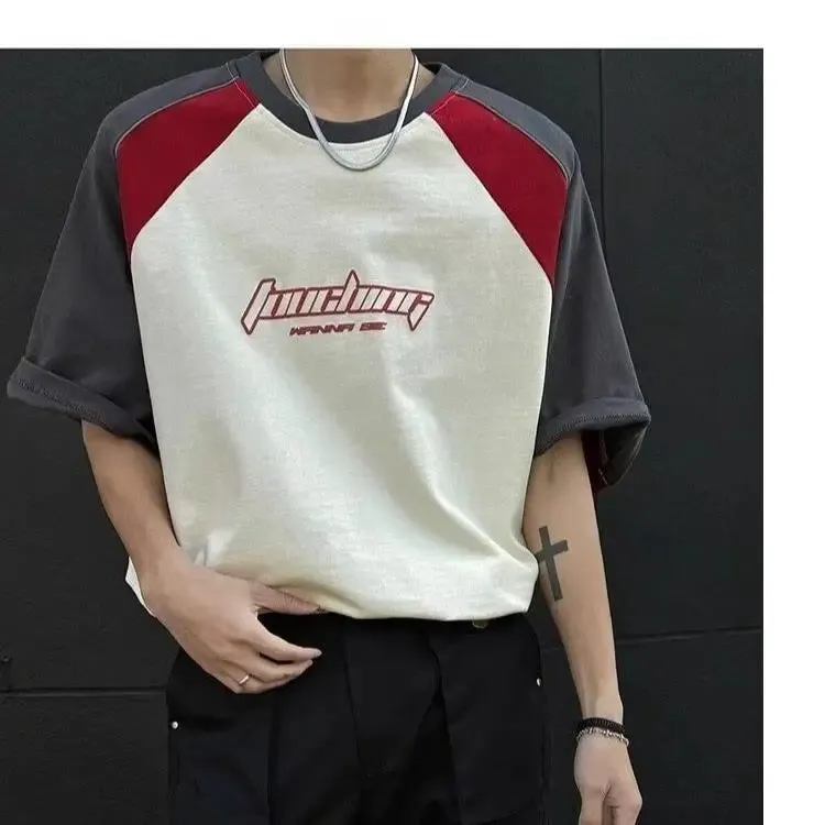 Aidase Summer New High Street Trendy Splicing Round Neck Short Sleeve Men and Women Retro Letter Printed Loose Casual T-shirt Top y2k