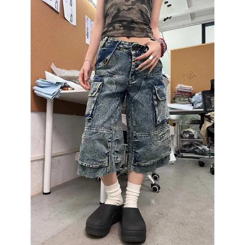 Amozae-Trendy American Retro Oversized Big Pocket Workwear Cropped Pants for Women High Street Straight Tube Loose Wide Leg Short Jeans