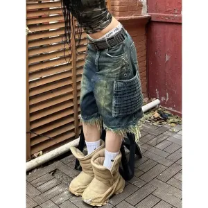Amozae-Trendy American Retro Oversized Big Pocket Workwear Cropped Pants for Women High Street Straight Tube Loose Wide Leg Short Jeans