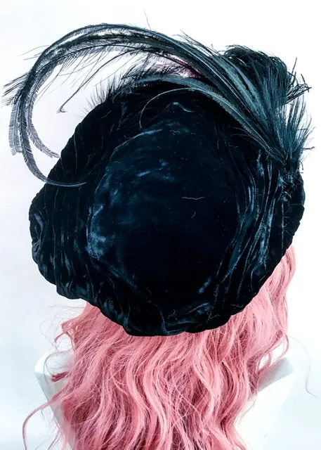 Antique Edwardian Libertys Black Velvet Feather Halo Hat Beret