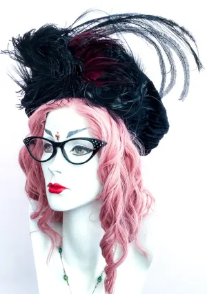 Antique Edwardian Libertys Black Velvet Feather Halo Hat Beret