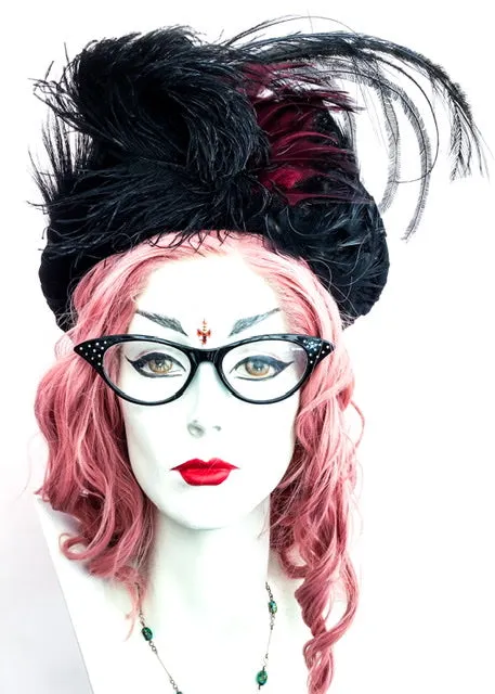 Antique Edwardian Libertys Black Velvet Feather Halo Hat Beret