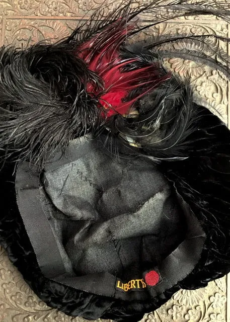Antique Edwardian Libertys Black Velvet Feather Halo Hat Beret