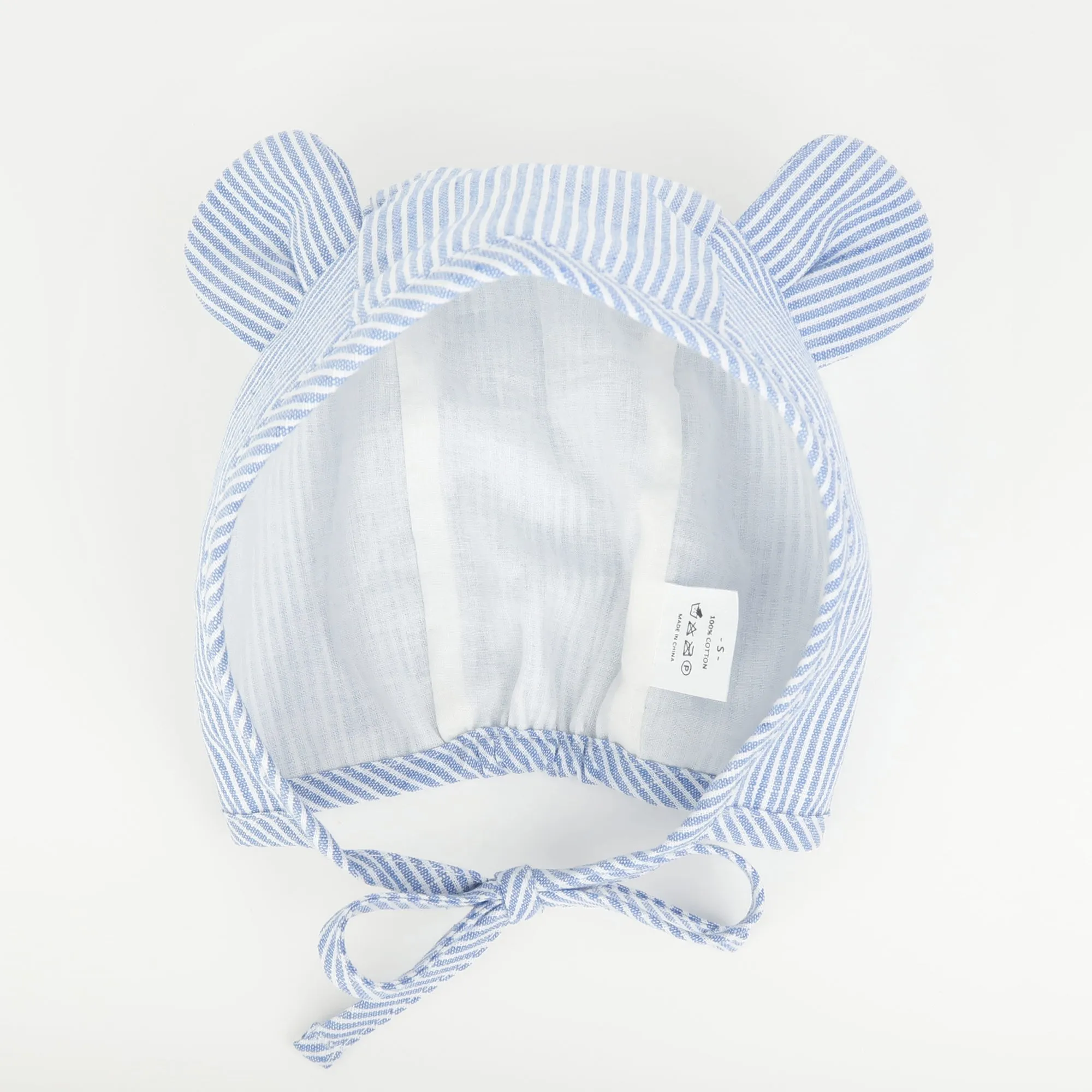 Baby Muslin Lined Stripe Bear Bonnet Hat | Beige