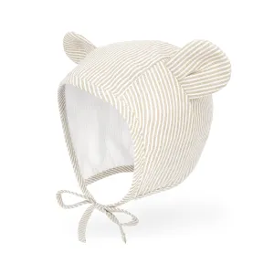 Baby Muslin Lined Stripe Bear Bonnet Hat | Beige