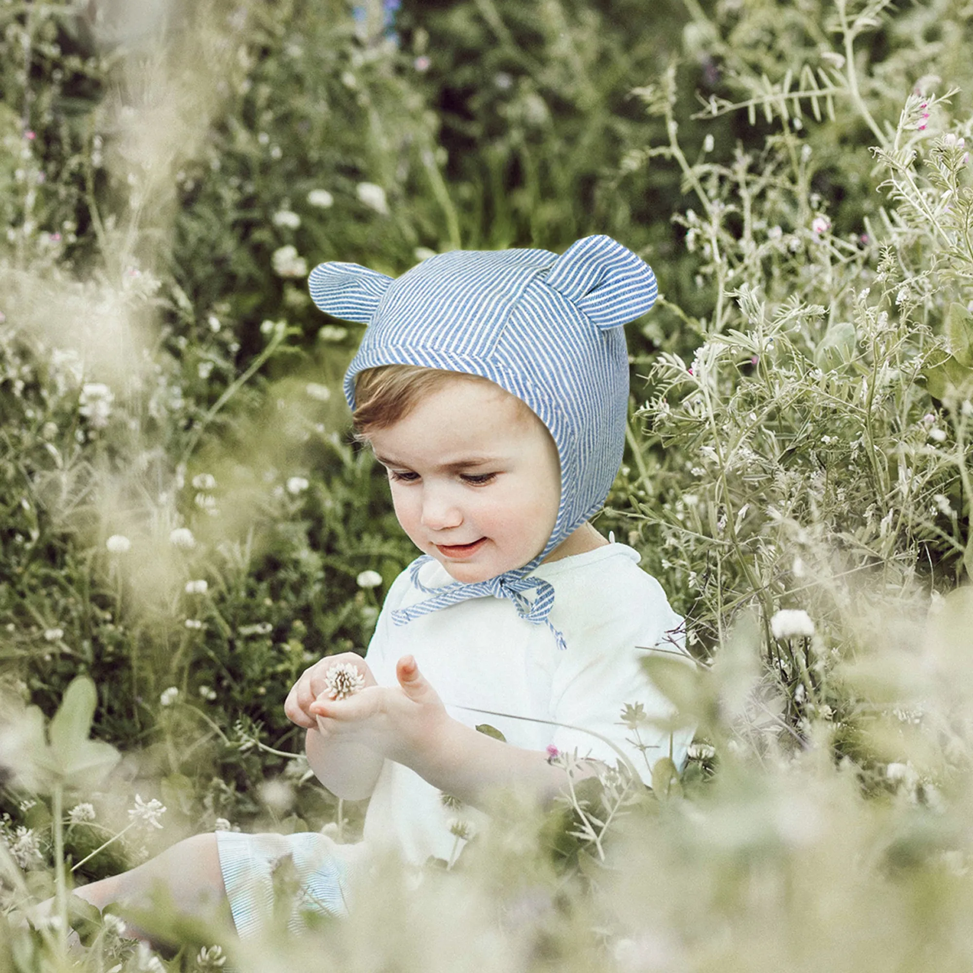 Baby Muslin Lined Stripe Bear Bonnet Hat | Beige
