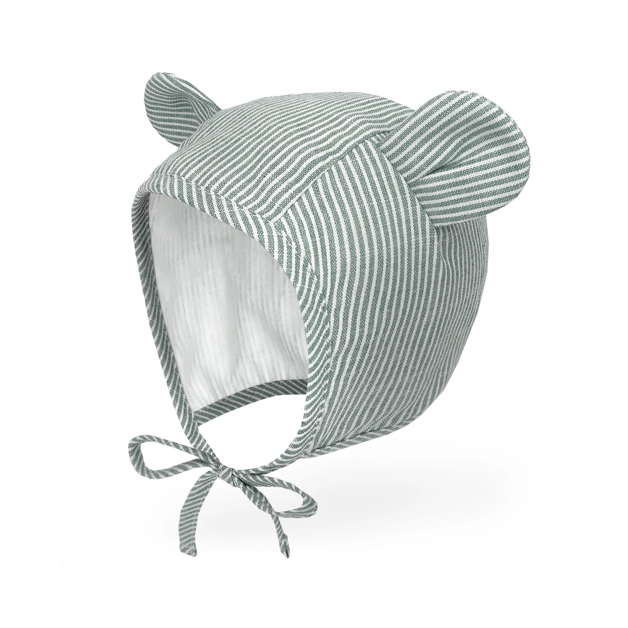Baby Muslin Lined Stripe Bear Bonnet Hat | Beige