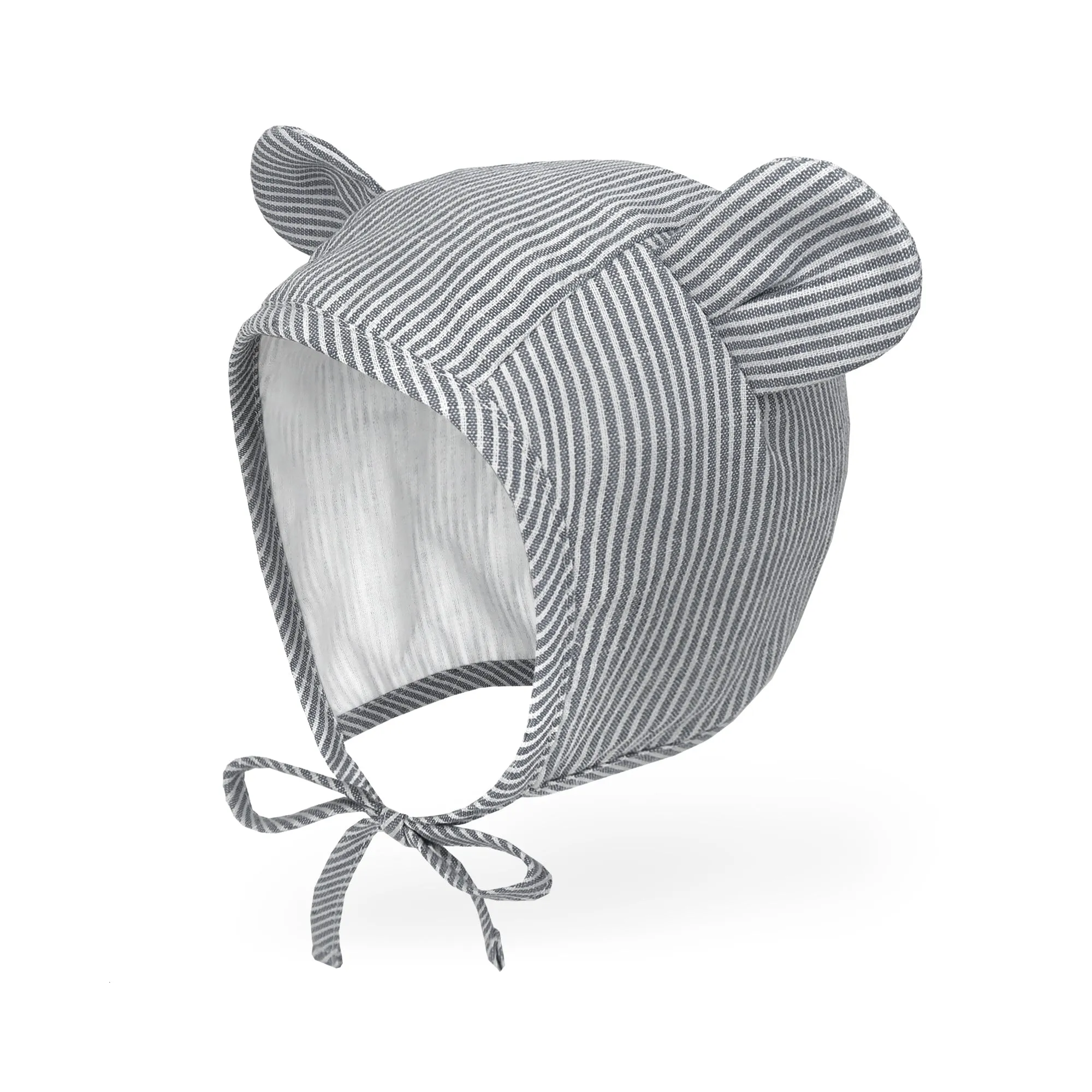 Baby Muslin Lined Stripe Bear Bonnet Hat | Blue