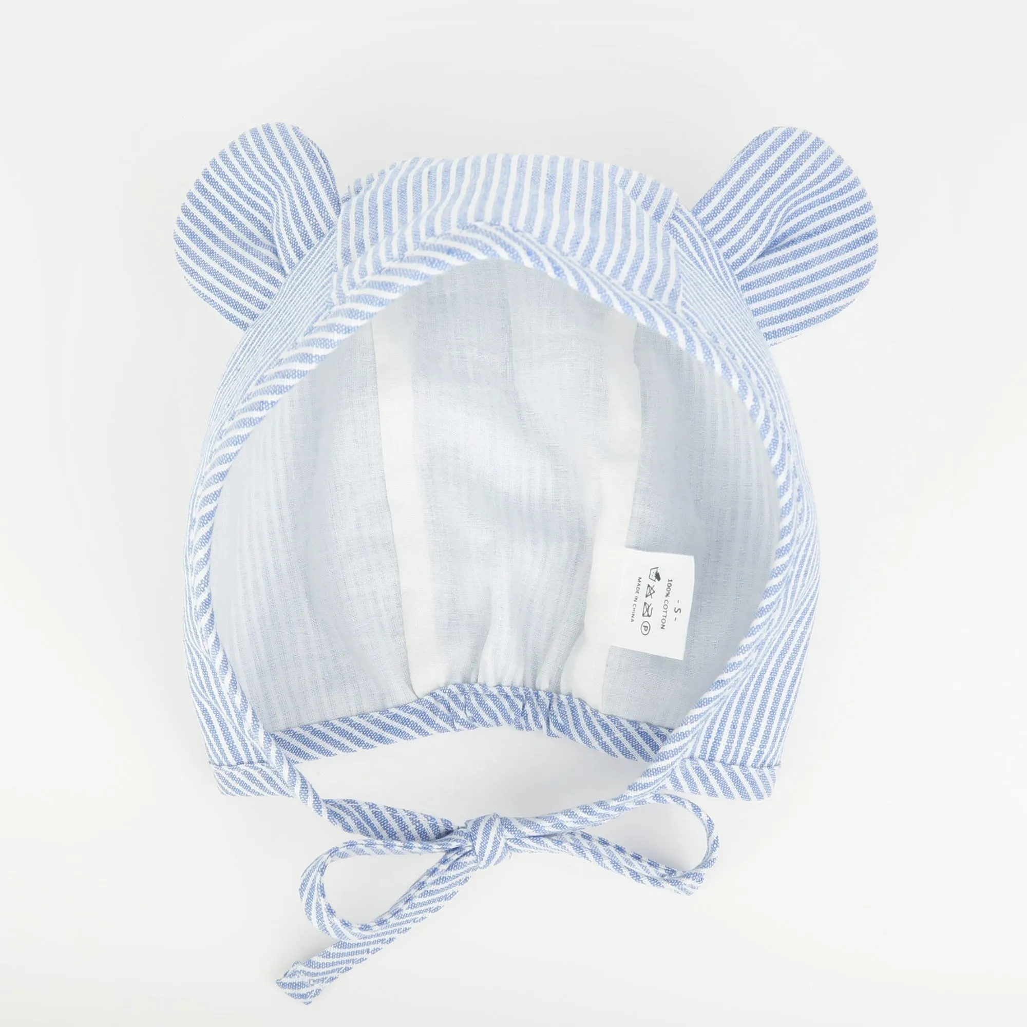 Baby Muslin Lined Stripe Bear Bonnet Hat | Blue