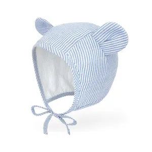 Baby Muslin Lined Stripe Bear Bonnet Hat | Blue