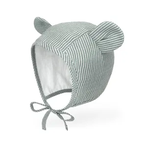 Baby Muslin Lined Stripe Bear Bonnet Hat | Green