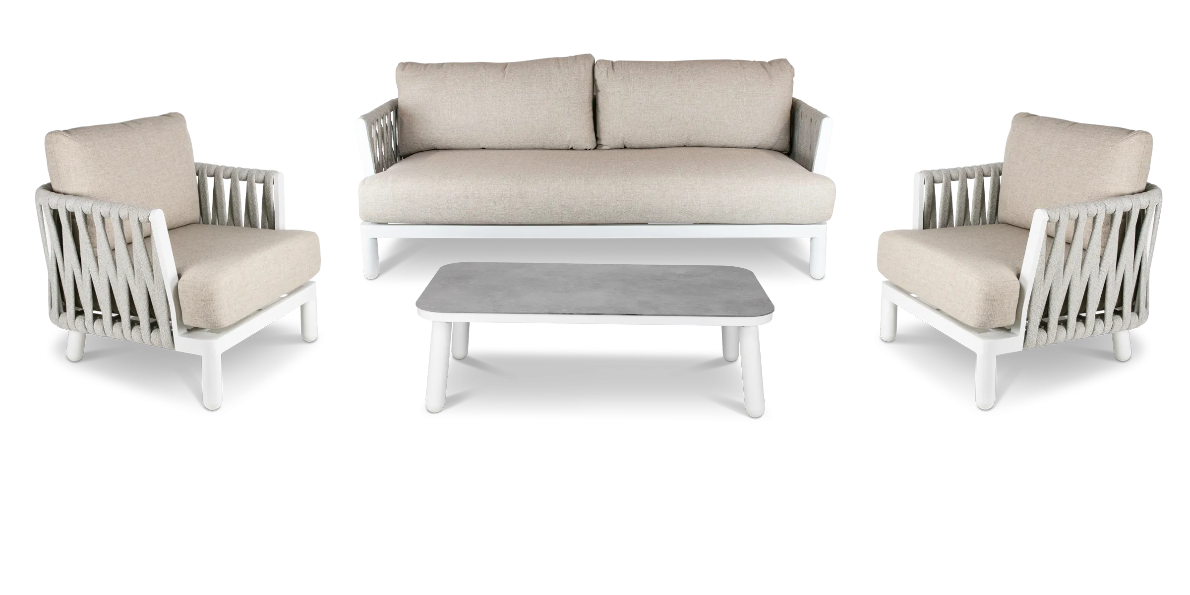 Bermuda 4pc Lounge with Sahara Sand Olefin Rope, Stone Olefin Cushions and Aluminium Frame