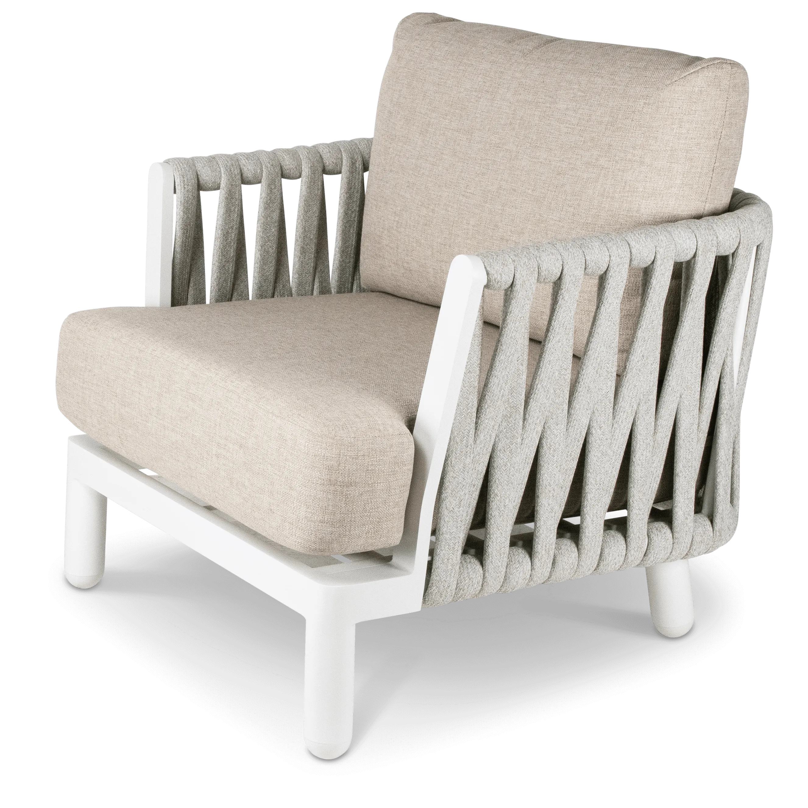 Bermuda 4pc Lounge with Sahara Sand Olefin Rope, Stone Olefin Cushions and Aluminium Frame