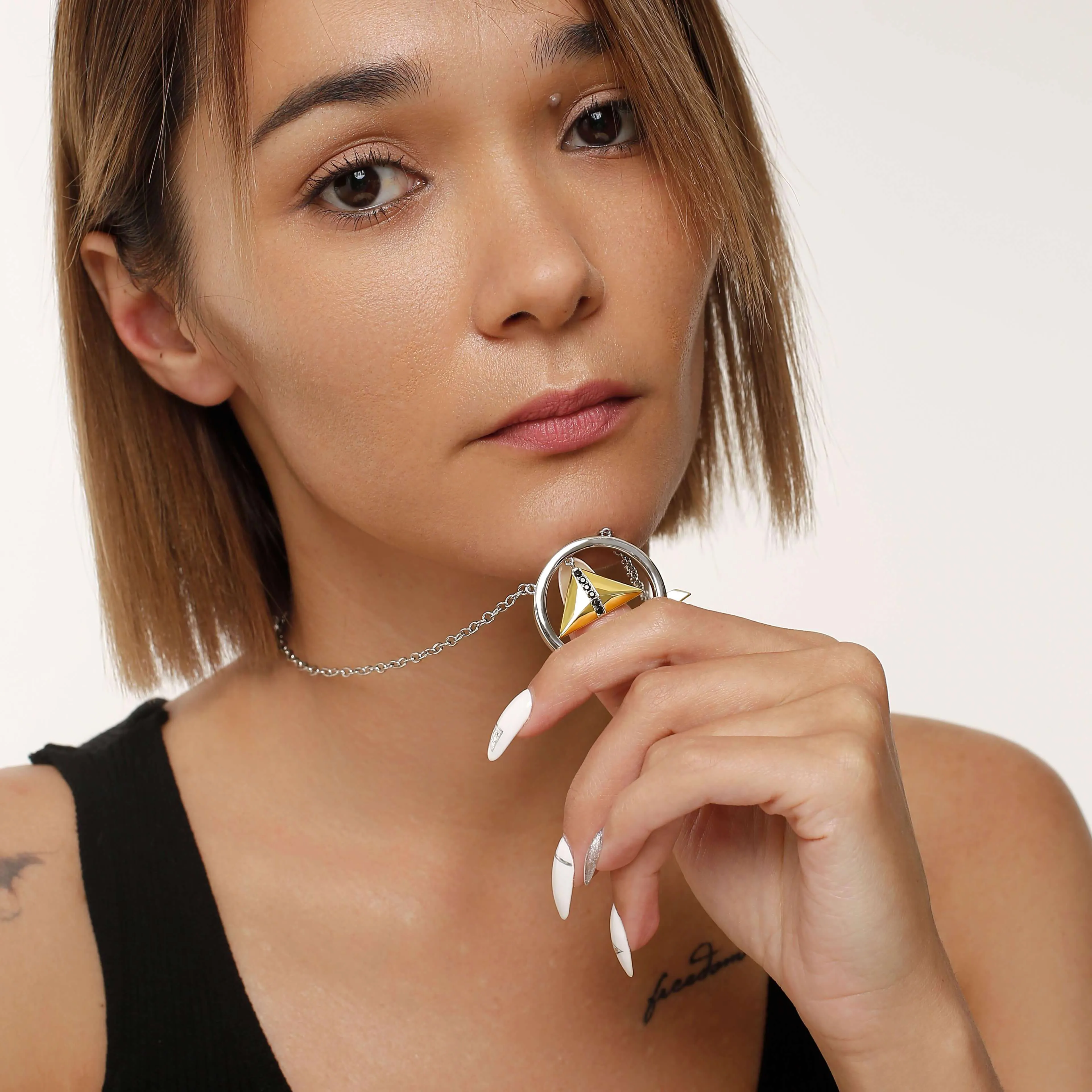 Black Cubic Zirconia Diamond Triangle Pendant Necklace Multiple Perspectives collection Designed by Alexandra Baltazar