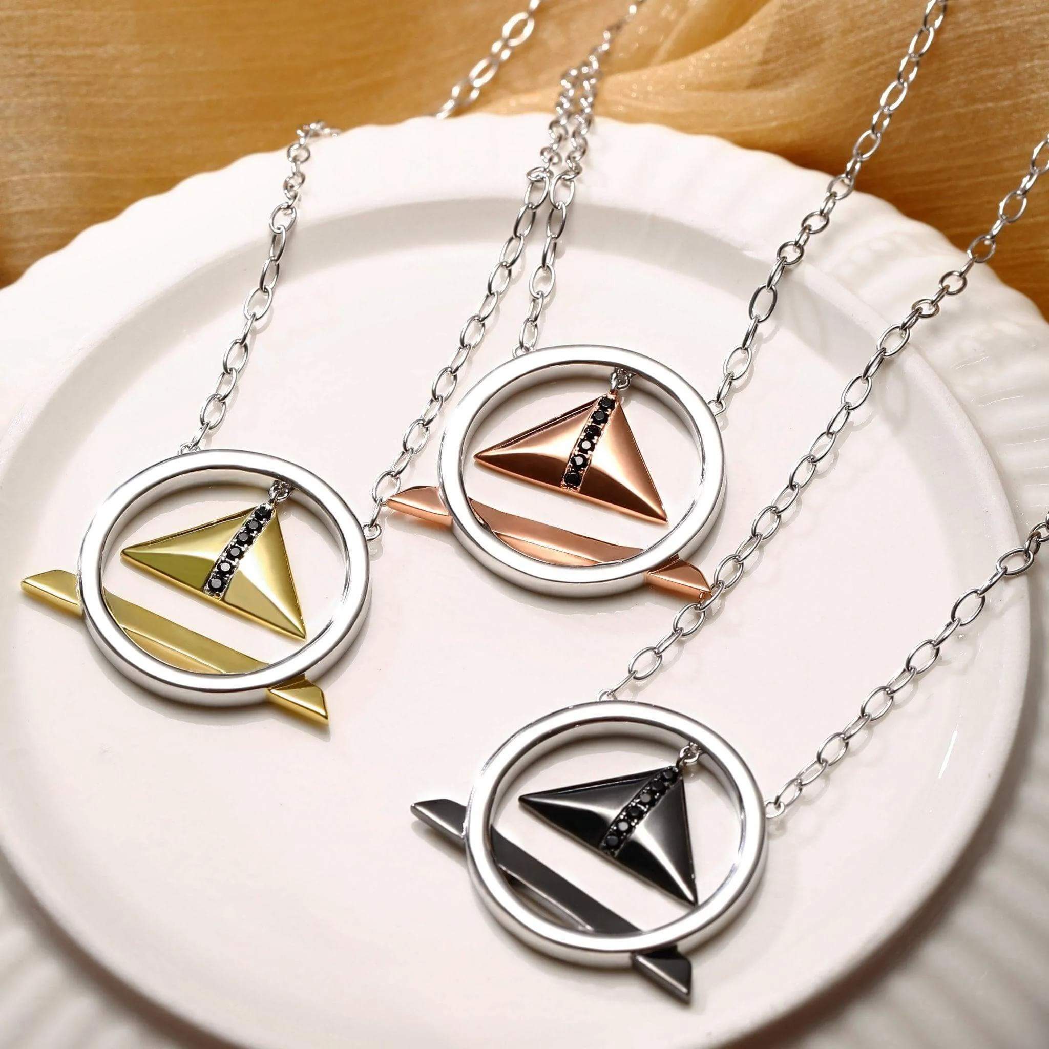 Black Cubic Zirconia Diamond Triangle Pendant Necklace Multiple Perspectives collection Designed by Alexandra Baltazar