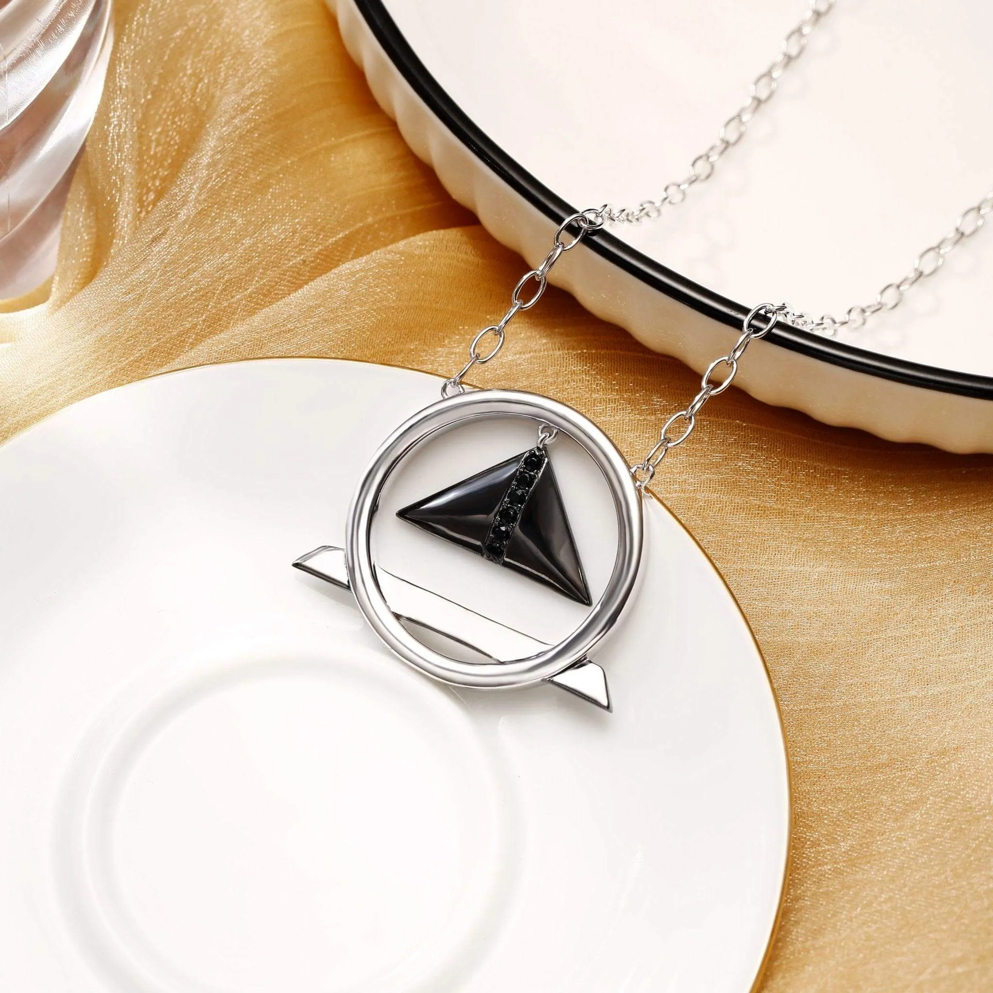 Black Cubic Zirconia Diamond Triangle Pendant Necklace Multiple Perspectives collection Designed by Alexandra Baltazar