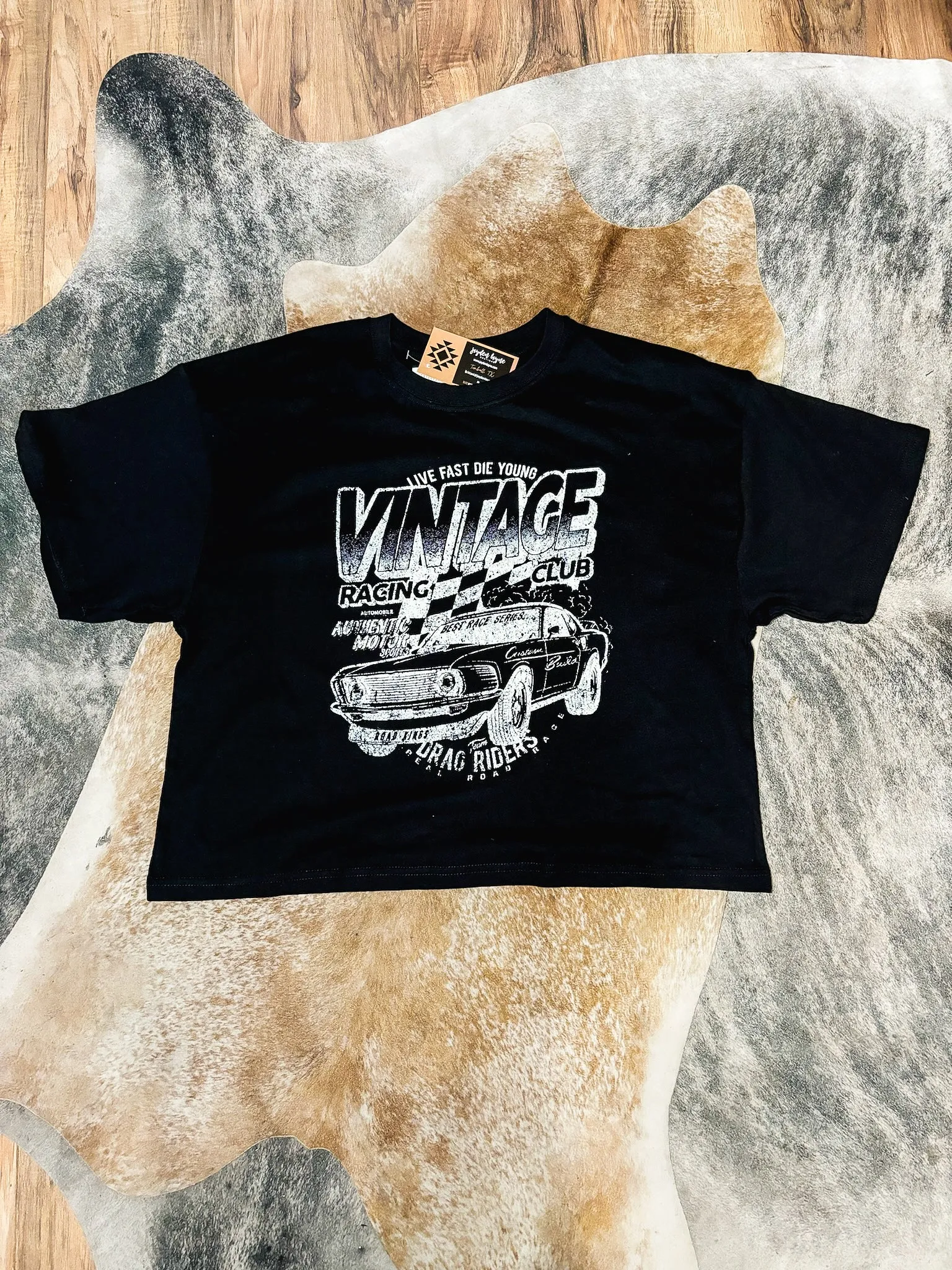 Black Vintage Racing Club Cropped Graphic Tee