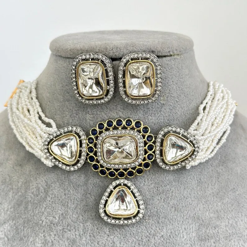 Blue Victorian Dual Tone Uncut Polki Kundan Necklace