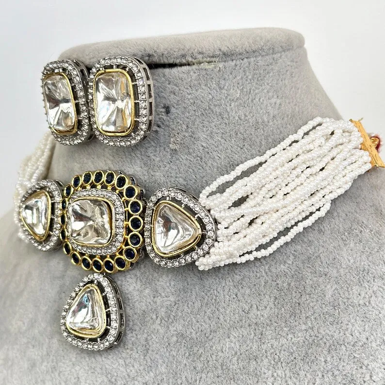 Blue Victorian Dual Tone Uncut Polki Kundan Necklace