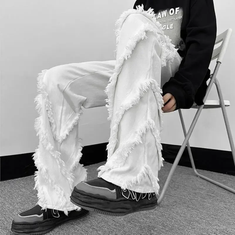 Bonsir American High Street Hip Hop Men and Women Trendy Personality Hairy Straight leg Jeans Couple Loose Retro Casual Pants y2k