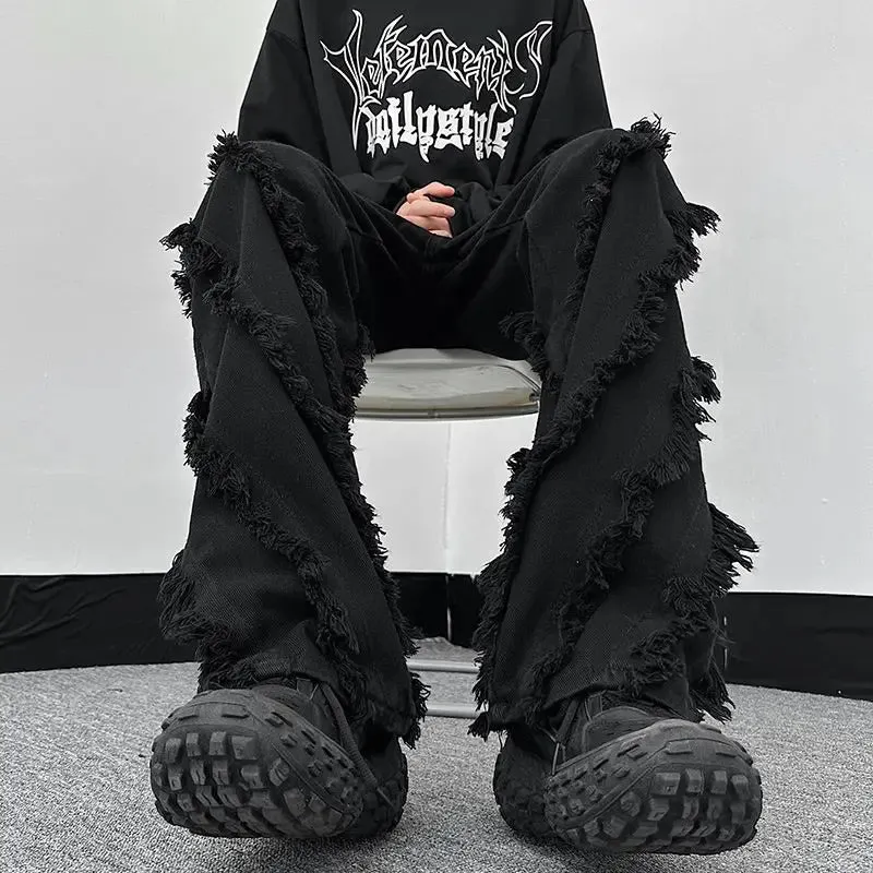 Bonsir American High Street Hip Hop Men and Women Trendy Personality Hairy Straight leg Jeans Couple Loose Retro Casual Pants y2k