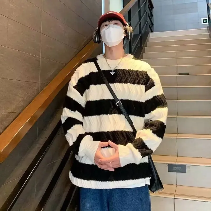 Bonsir American High Street Trendy Men and Women Personalized Striped Round Neck Knitted Sweater Couple Loose Retro Simple Casual Top