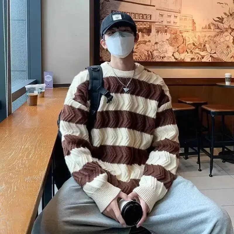 Bonsir American High Street Trendy Men and Women Personalized Striped Round Neck Knitted Sweater Couple Loose Retro Simple Casual Top