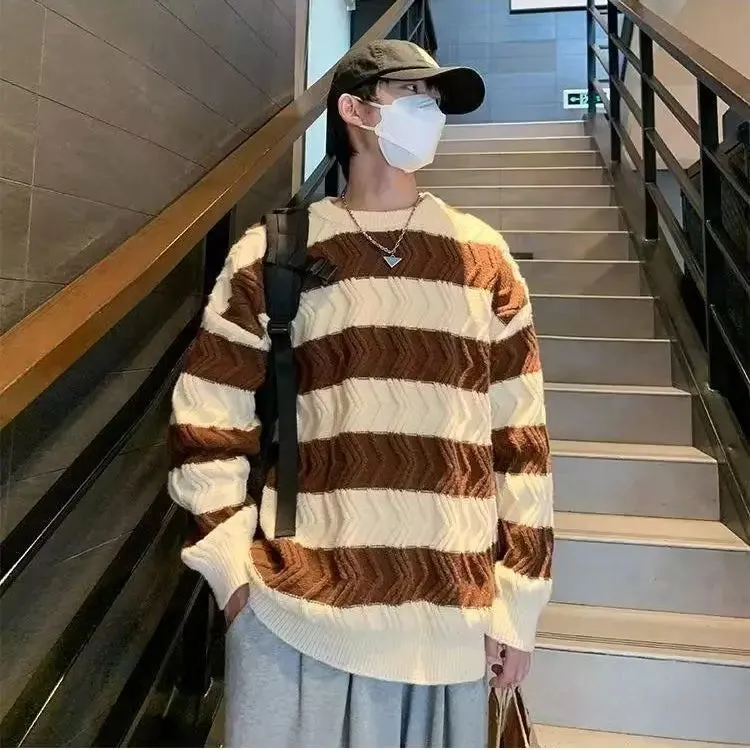 Bonsir American High Street Trendy Men and Women Personalized Striped Round Neck Knitted Sweater Couple Loose Retro Simple Casual Top