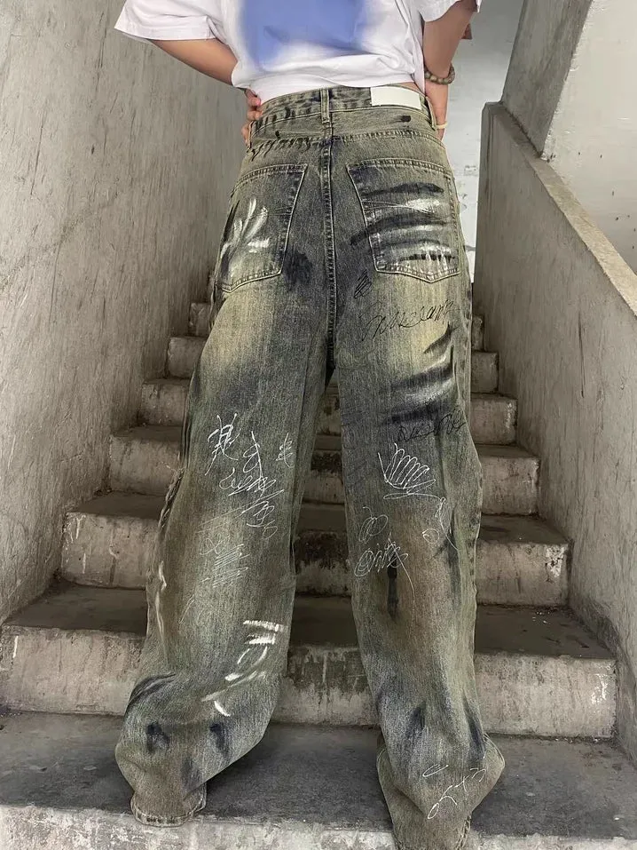 Bonsir American high street trendy  y2k men and women retro washed graffiti letter jeans straight tube loose wide leg casual pants