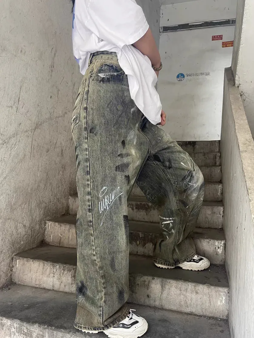 Bonsir American high street trendy  y2k men and women retro washed graffiti letter jeans straight tube loose wide leg casual pants