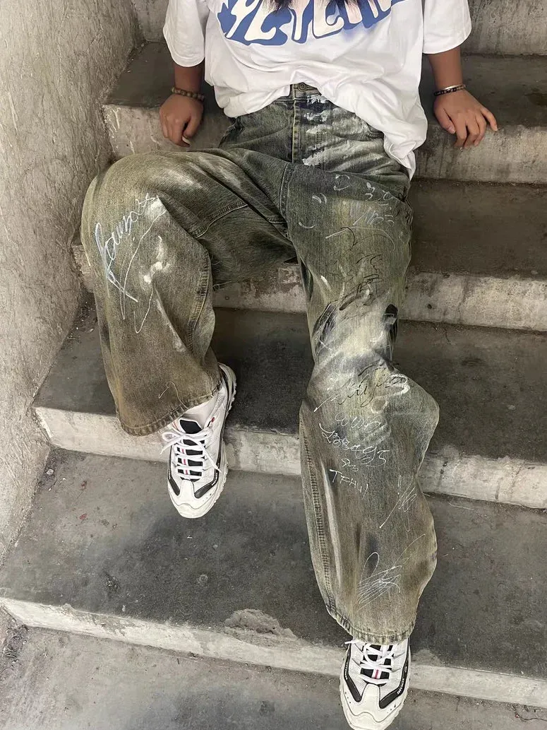 Bonsir American high street trendy  y2k men and women retro washed graffiti letter jeans straight tube loose wide leg casual pants