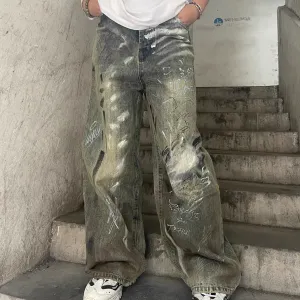 Bonsir American high street trendy  y2k men and women retro washed graffiti letter jeans straight tube loose wide leg casual pants