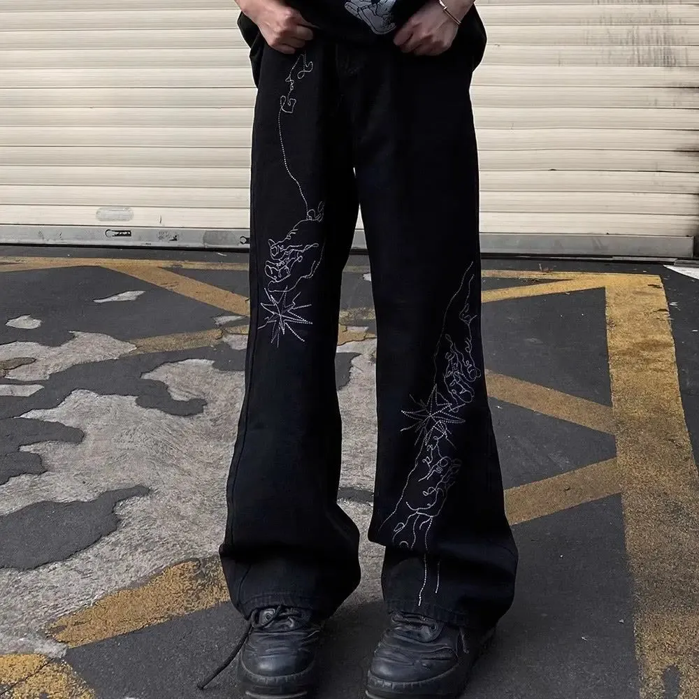 Bonsir American retro high street trendy and personalized graphic straight leg jeans for men and women hip-hop loose casual floor mops