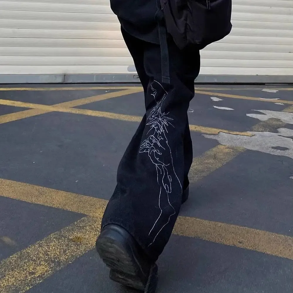 Bonsir American retro high street trendy and personalized graphic straight leg jeans for men and women hip-hop loose casual floor mops