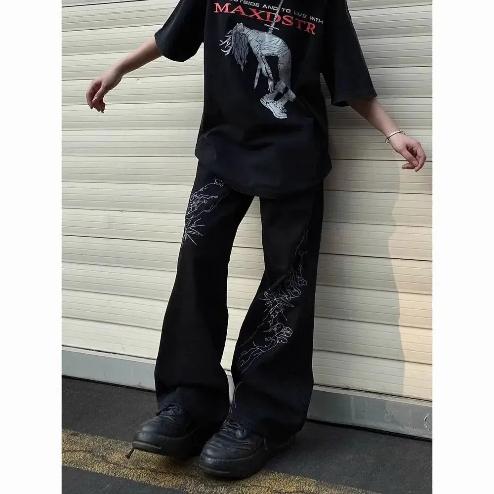 Bonsir American retro high street trendy and personalized graphic straight leg jeans for men and women hip-hop loose casual floor mops