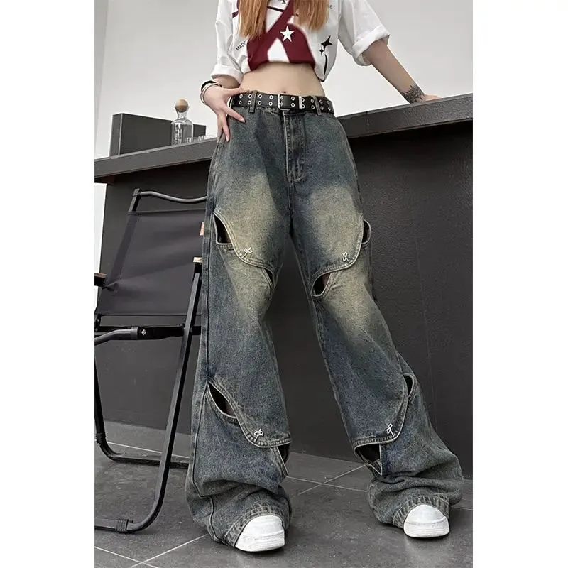Bonsir American retro jeans with metal button design wide leg hollow out loose and trendy straight leg pants for men and women y2k