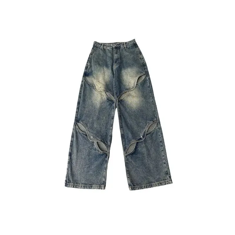 Bonsir American retro jeans with metal button design wide leg hollow out loose and trendy straight leg pants for men and women y2k