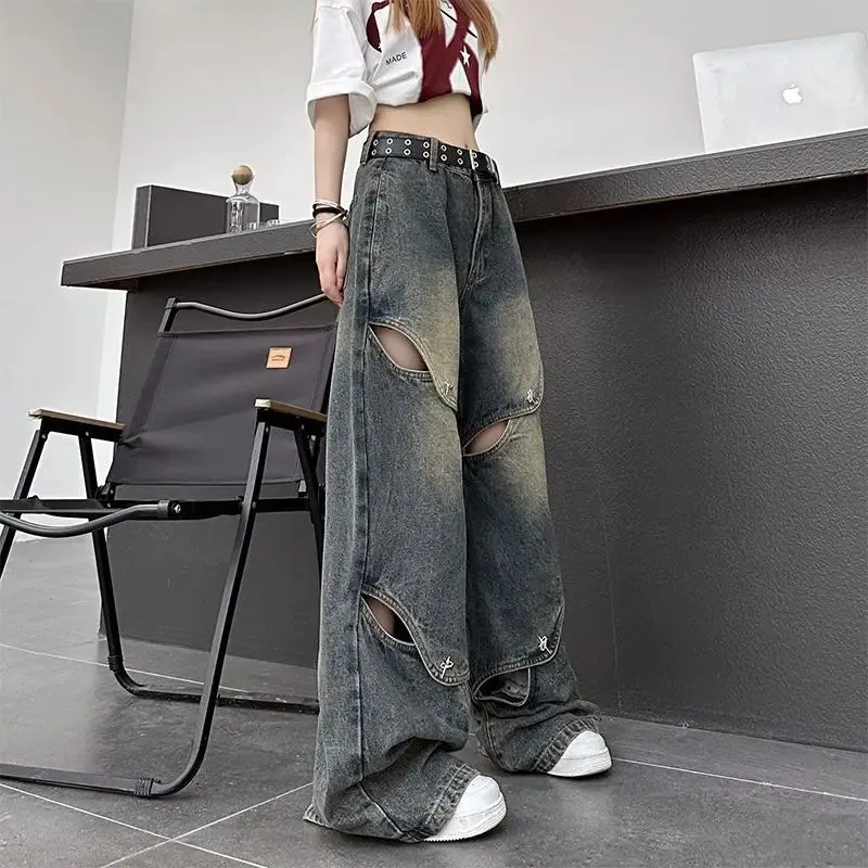 Bonsir American retro jeans with metal button design wide leg hollow out loose and trendy straight leg pants for men and women y2k