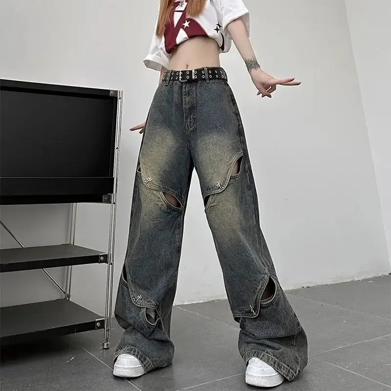 Bonsir American retro jeans with metal button design wide leg hollow out loose and trendy straight leg pants for men and women y2k