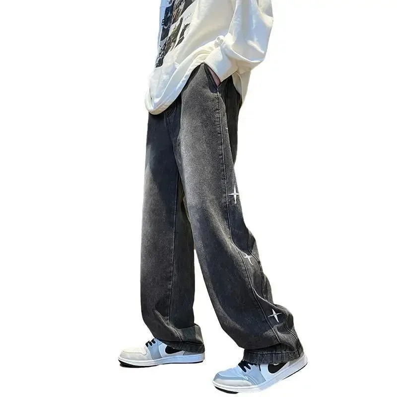 Bonsir American retro men and women trendy star shaped graphic design straight leg jeans loose hip-hop wide leg casual pants y2k