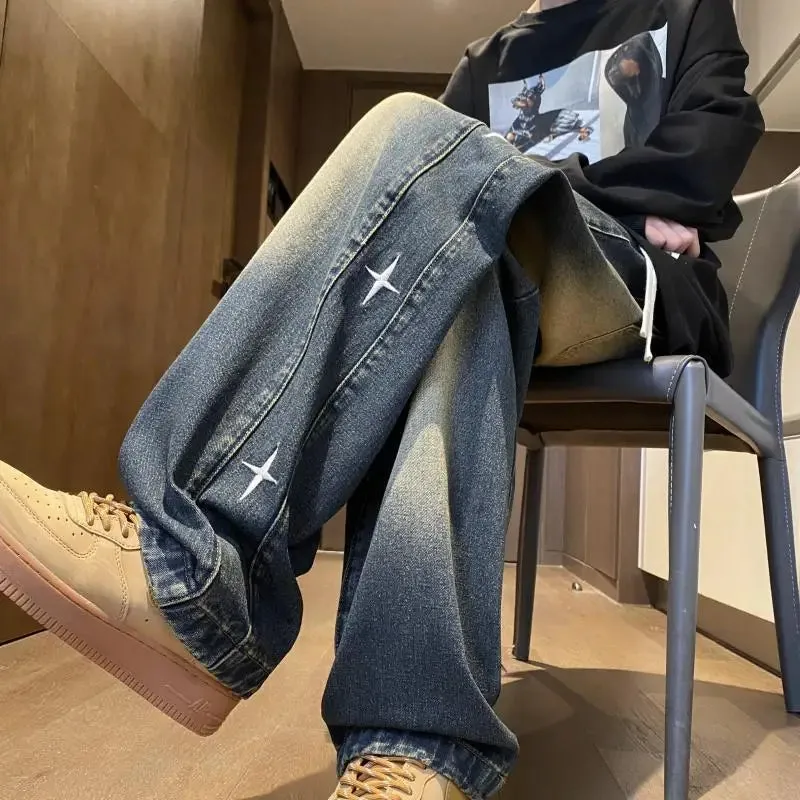 Bonsir American retro men and women trendy star shaped graphic design straight leg jeans loose hip-hop wide leg casual pants y2k