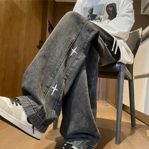 Bonsir American retro men and women trendy star shaped graphic design straight leg jeans loose hip-hop wide leg casual pants y2k