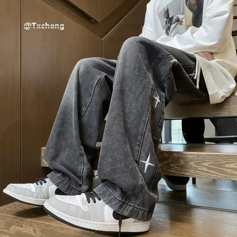 Bonsir American retro men and women trendy star shaped graphic design straight leg jeans loose hip-hop wide leg casual pants y2k
